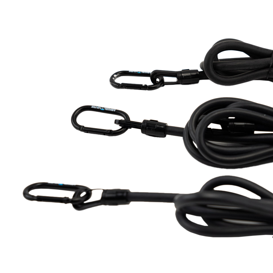 Swim Tether stretch cord 3-pack — 4.5, 6, and 8 foot cords with carabiners