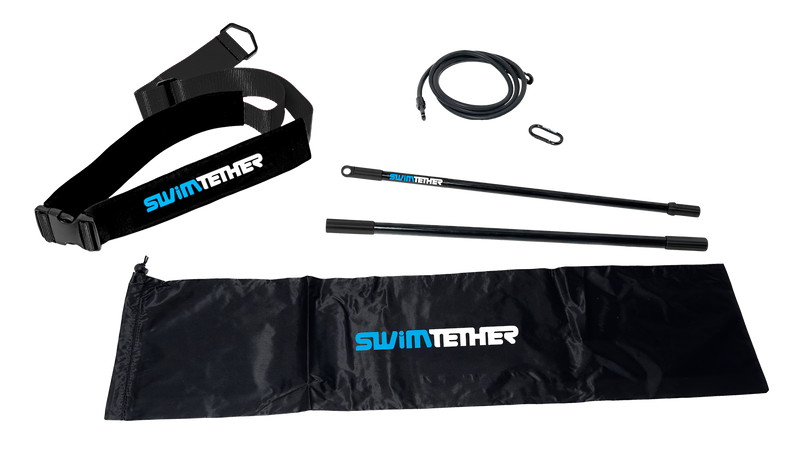 SwimTether product set including a strap, ropes, and a bag on a white background